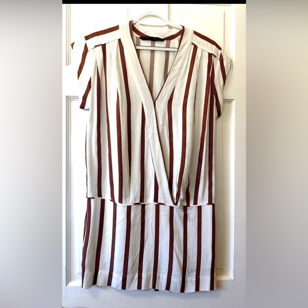 Zara Basics Drop Waist V-Neck Cream/Brown Striped Dress - Size Small - Picture 8 of 16